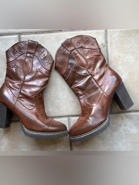 Roper Brown Leather Western Heeled Ankle Boots 9.5